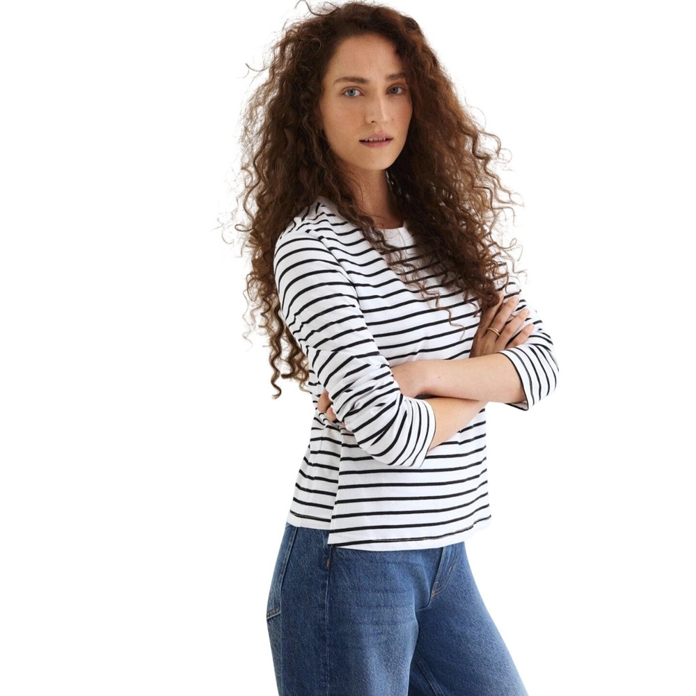 Lands End Womens Black White Striped Long Sleeve Cotton‎ Crew Neck Tee Size LP